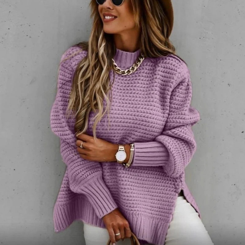 2024 New Loose Split Knitted Long Sleeve Thick Sweater Half High Neck Korean Fashion Pullover Autumn Winter Black Women Clothes
