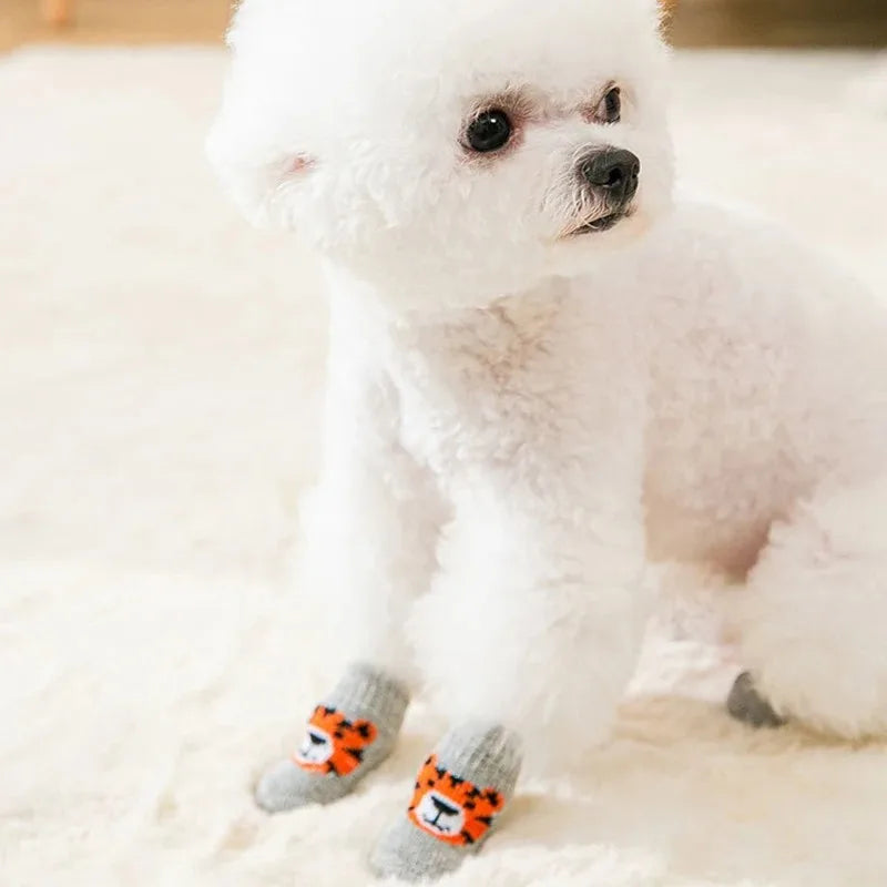 4Pcs Winter Pet Dog Socks Anti Slip Warm Knit Tiger Design Paw Protector Booties for Cats Dogs Indoor Outdoor Xmas Gift Dog Sock
