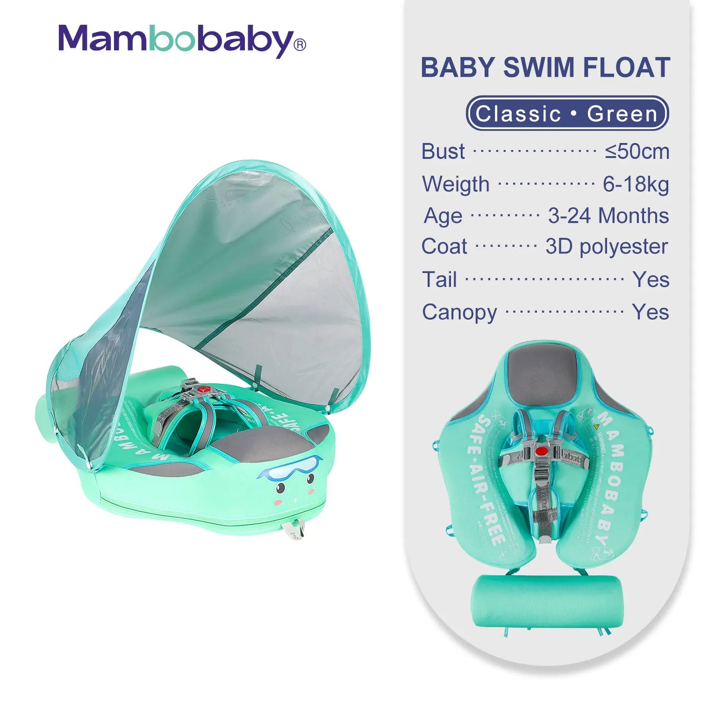 Mambobaby Baby Float with Sunshade Canopy and Crotch Strap Inflatable Safe Core Swimming Pool Accessory