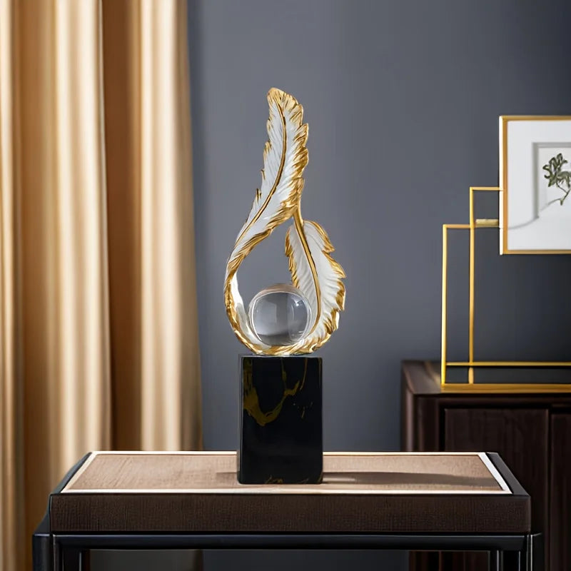 Elegant Resin Feather Orb Sculpture Decorative Sphere Design on Marble Base for Home Decor Office Desk Accessory