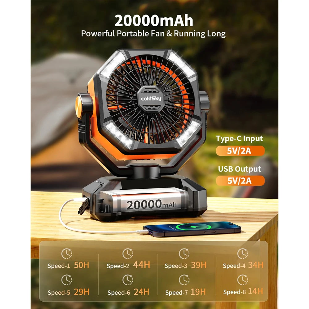 20000mAh Battery Camping Fan with 4 LED Lantern and 8 Speeds Portable Outdoor Desk Fan for Camping Tent and Fishing