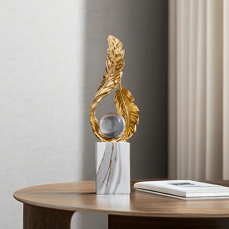 Elegant Resin Feather Orb Sculpture Decorative Sphere Design on Marble Base for Home Decor Office Desk Accessory