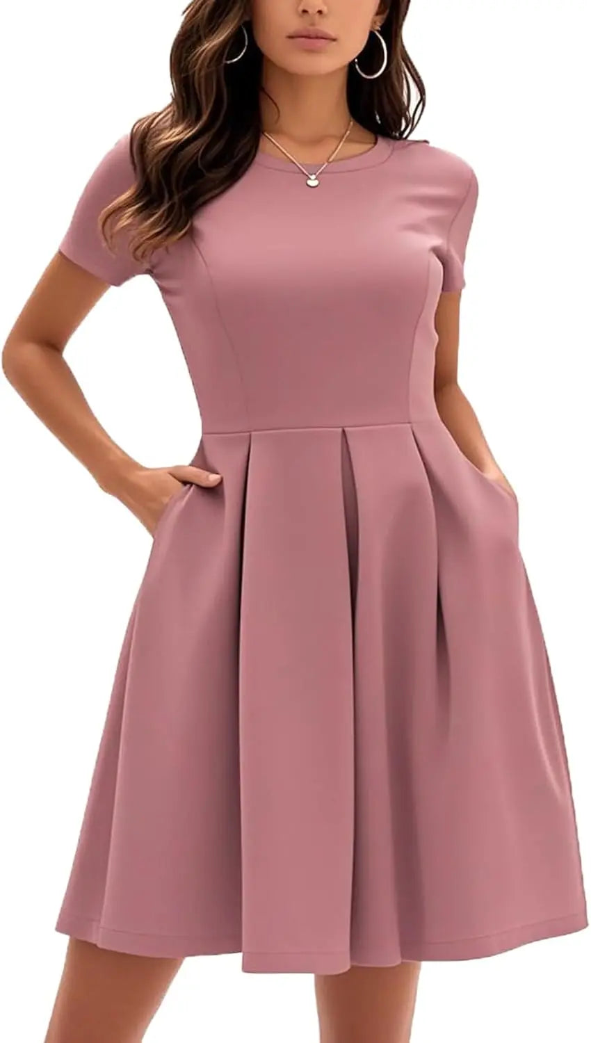 Red A-Line Short Sleeve Dress with Pockets for Women, Summer Party Church Bridesmaid Graduation Occasion