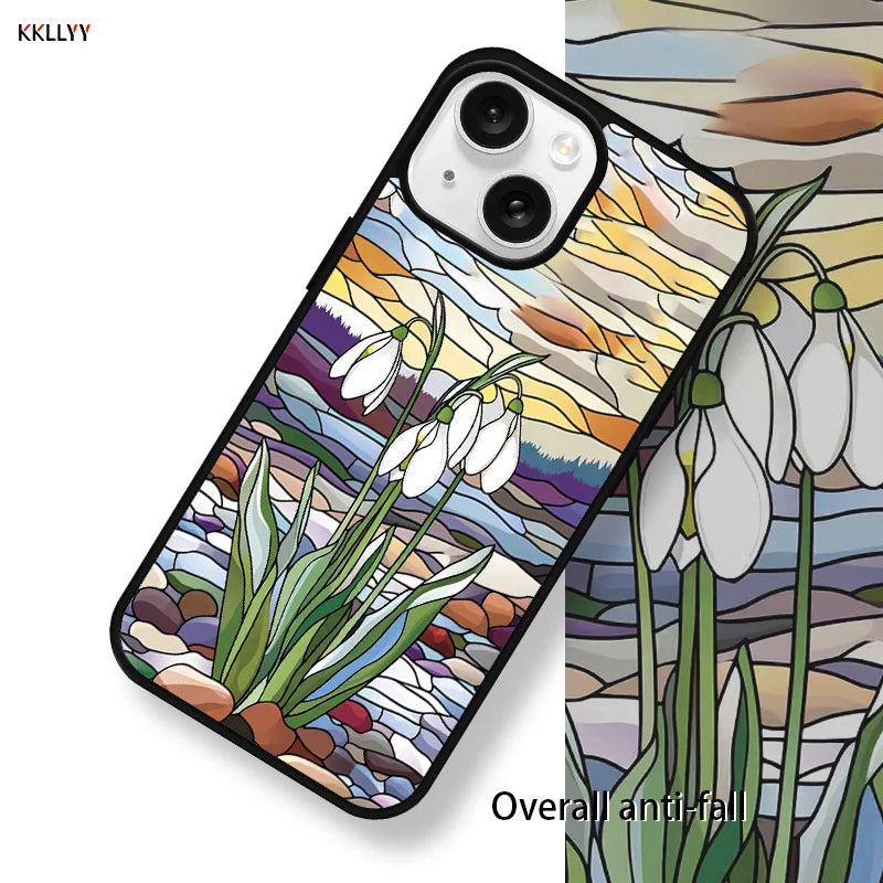 Stained Glass Snowdrop Phone Case Elegant Artistic Nature Inspired Style for iPhone 16 15 14 13 12 Pro Max