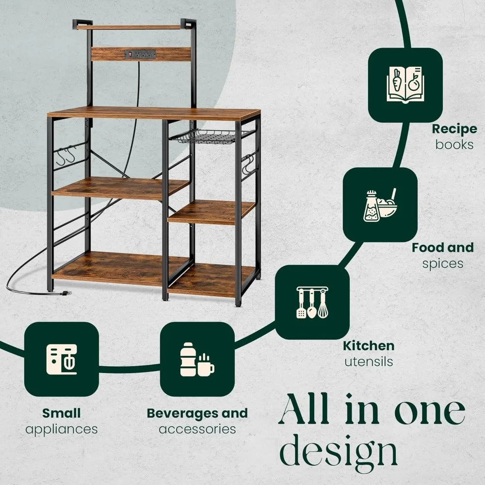 Kitchen Bakers Rack with Power Outlet & Hangers - 35.5x15.7x51.6 Kitchen Storage Rack Useful as Microwave Stand, Coffee Station