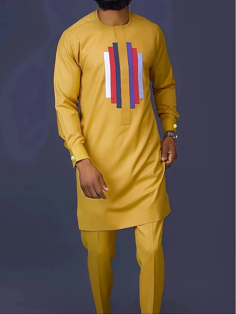 Men's Casual Long-Sleeved Two-Piece Set: Mid-Length Top and Trousers