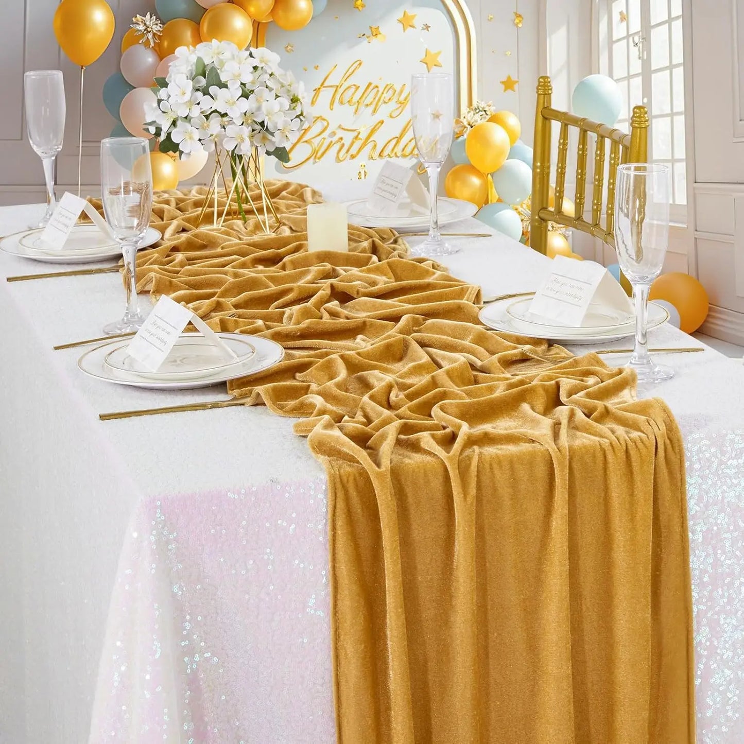 12 Pcs 29x120 Inch Gold Luxurious Velvet Table Runner for Wedding Reception Decorations Soft Velvet Fabric Table Linen