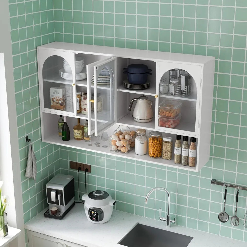 Large Kitchen Wall Storage Cabinet White Upper Cabinet Mounted Cabinet with Arched Glass Doors and Shelf for Kitchen and Living
