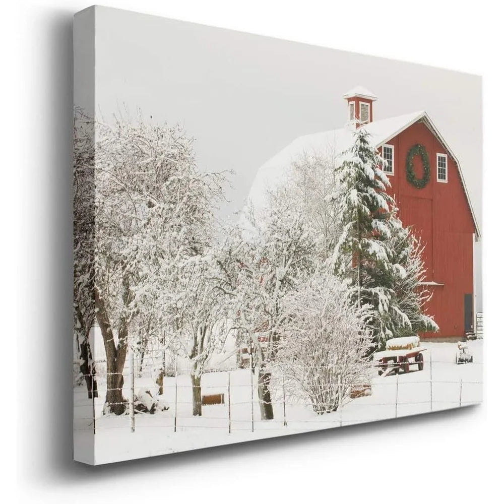 Canvas Wall Art Snow Covered Red Barn Modern Home Decor High Quality Prints Gallery Wrapped Easy Mounting Ideal Gift Made in USA