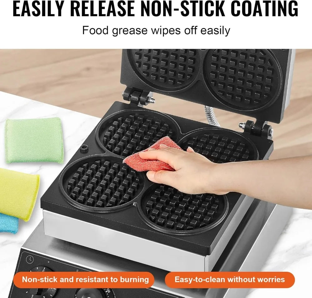 1750W Commercial Waffle Maker 4PCS Round Non-Stick Belgian Waffle Iron with Temperature Time Control for Restaurant Bakery