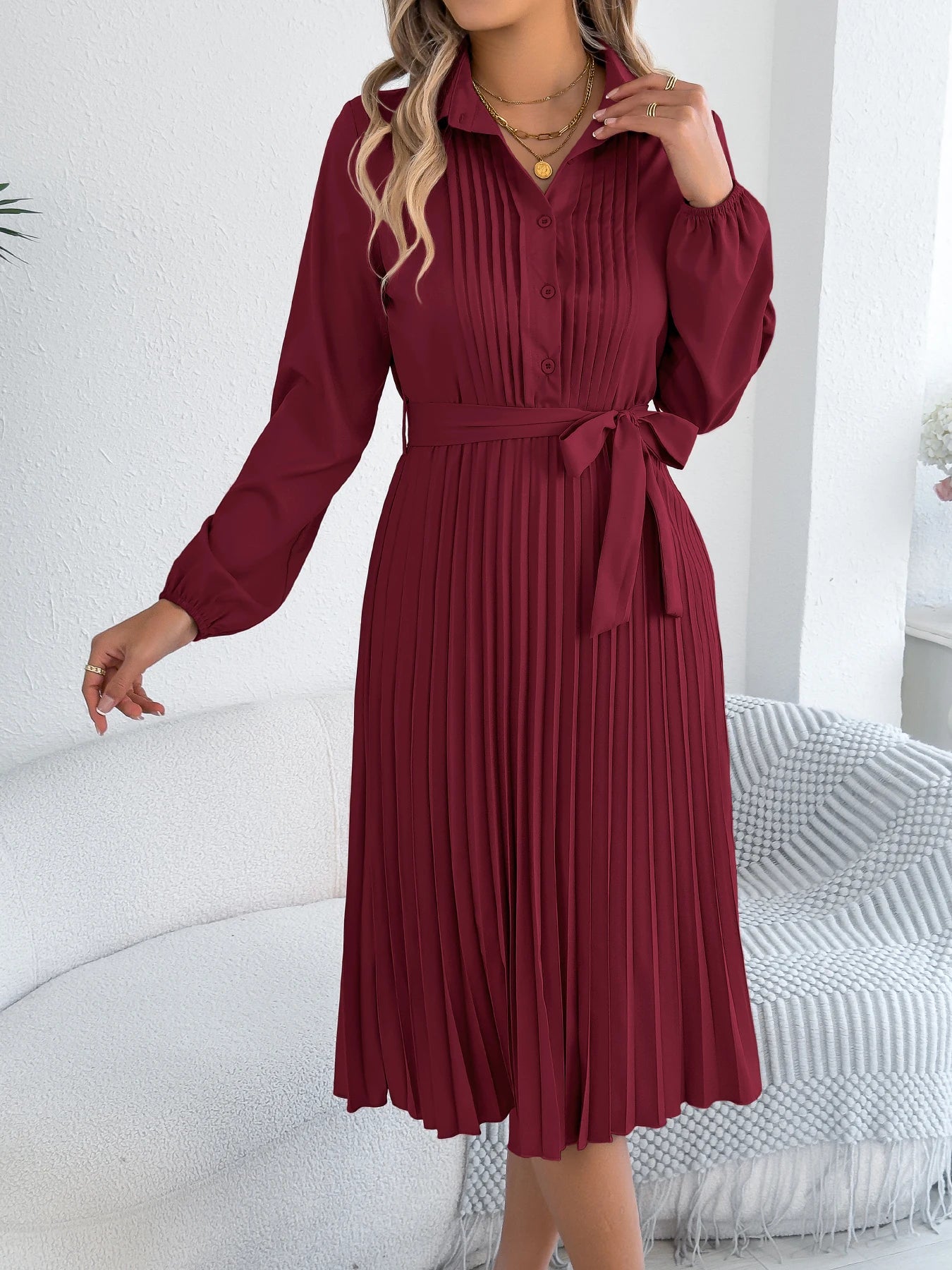 Elegant Maxi Dress for Autumn Winter Lapel Tie Waist Solid Color Long Sleeve Dresses Green Khaki Red Woman Clothing 2025