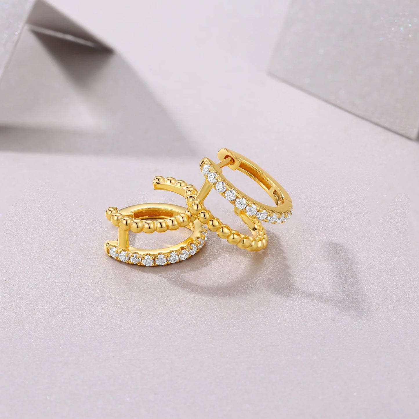 1pcs Gold Hoop Earrings 925 Sterling Silver 18K Gold Plated Beaded Design with CZ Stones for Women Jewelry Gift