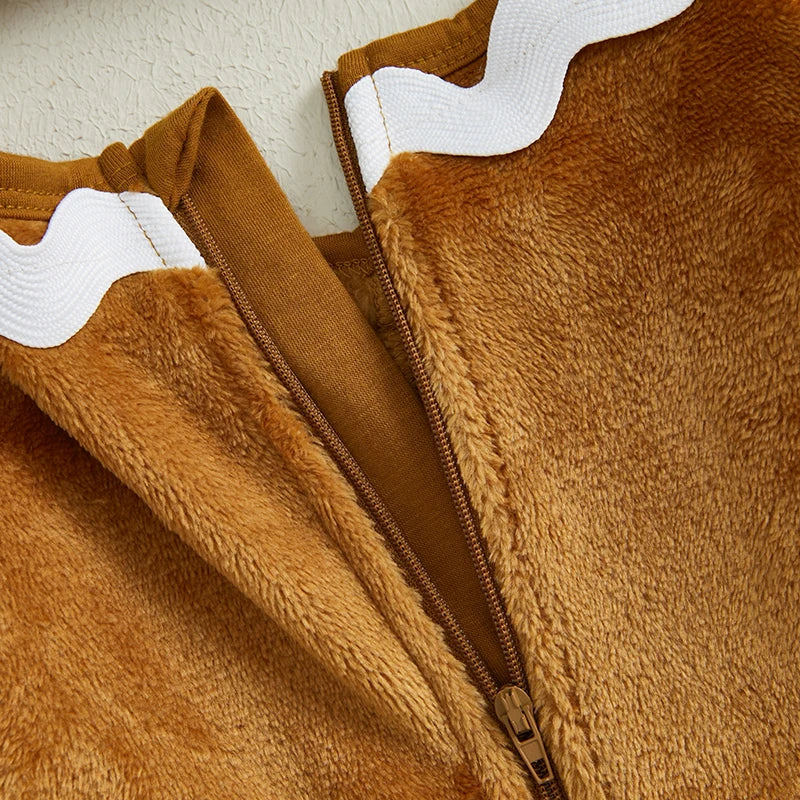 Gingerbread Man Costume Set with Ric Rac Trim Fleece Jumpsuit Hat and Gloves for Christmas and Halloween Party Fun