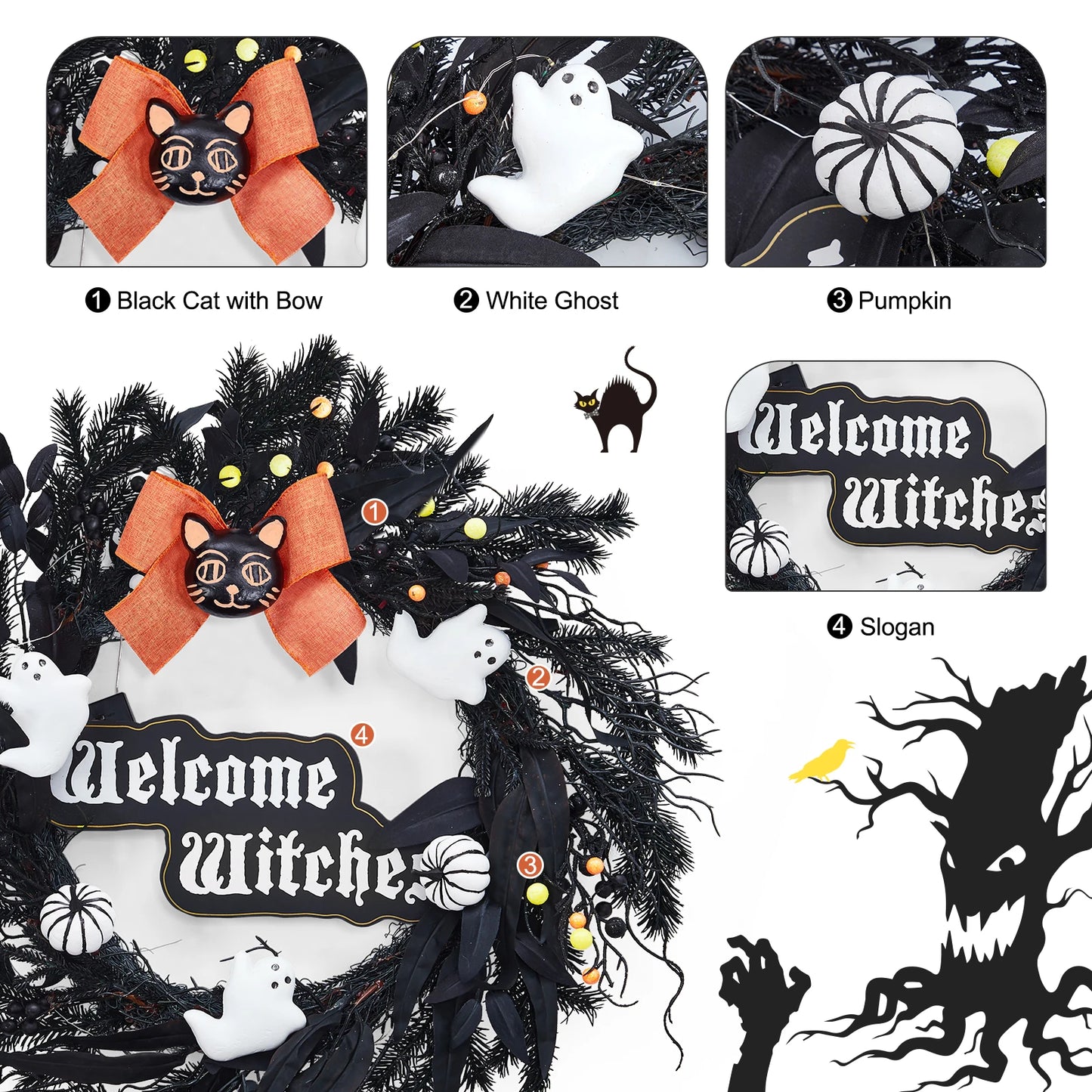 Halloween Wreath for Front Door 22 Inch Black Cat White Ghost Pumpkin and Welcome Witches Sign