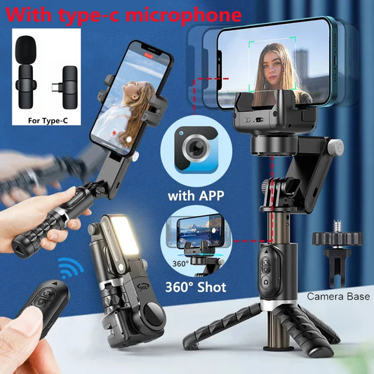 2025 Wireless Bluetooth Remote Control Selfie Stick Tripod Phone Holder with Light Stand and Type C Microphone