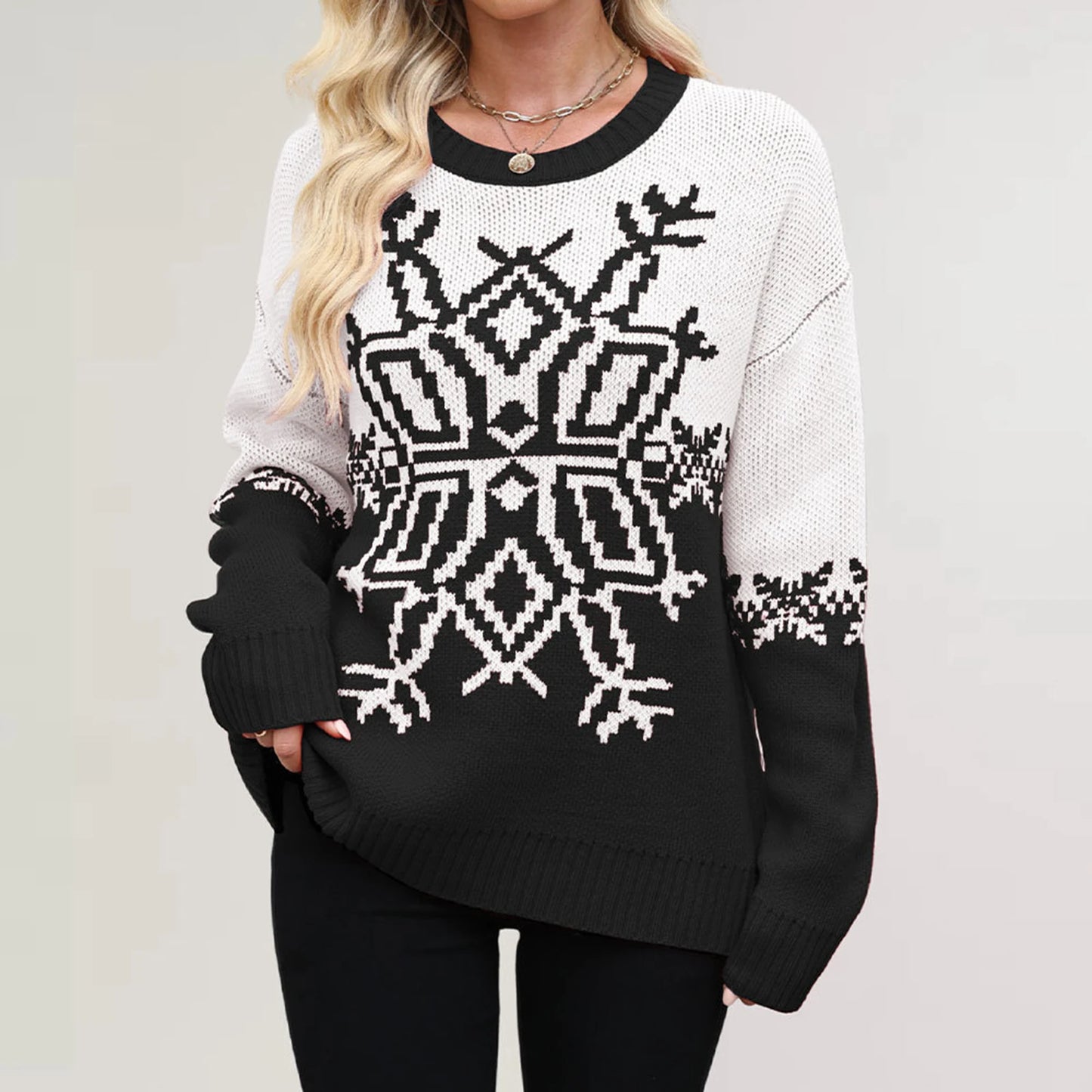 Women'S Fashionable Round Neck Long Sleeved Christmas Snowflake Sweater Casual Pullover Knitted Sweater Top Ropa De Mujer
