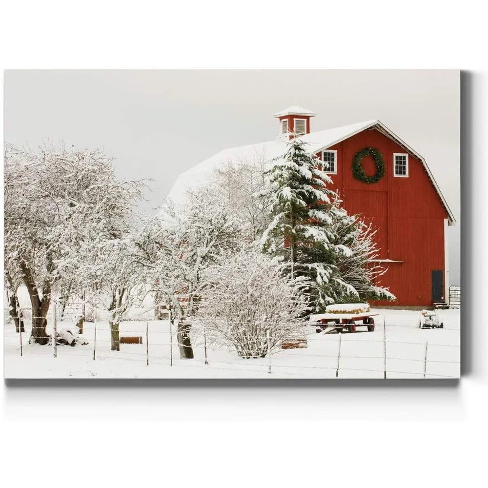 Canvas Wall Art Snow Covered Red Barn Modern Home Decor High Quality Prints Gallery Wrapped Easy Mounting Ideal Gift Made in USA