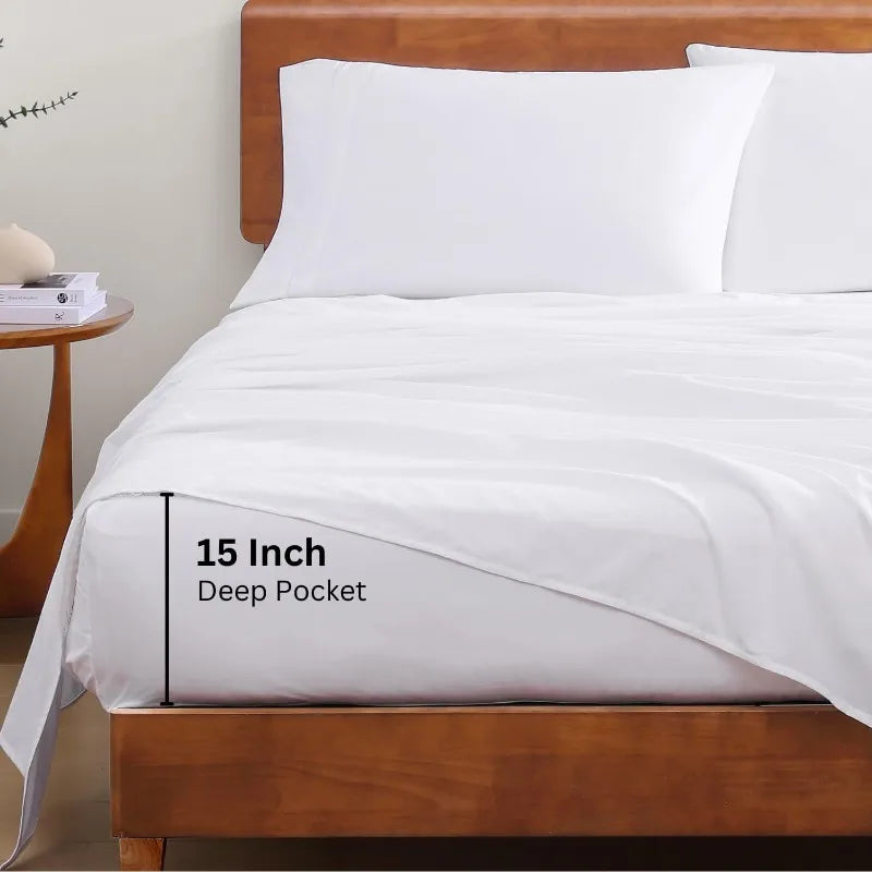Organic Cotton Queen Sheet Set Four Piece Cotton Sheets Queen Size Bed Set Soft and Breathable Percale Weave White