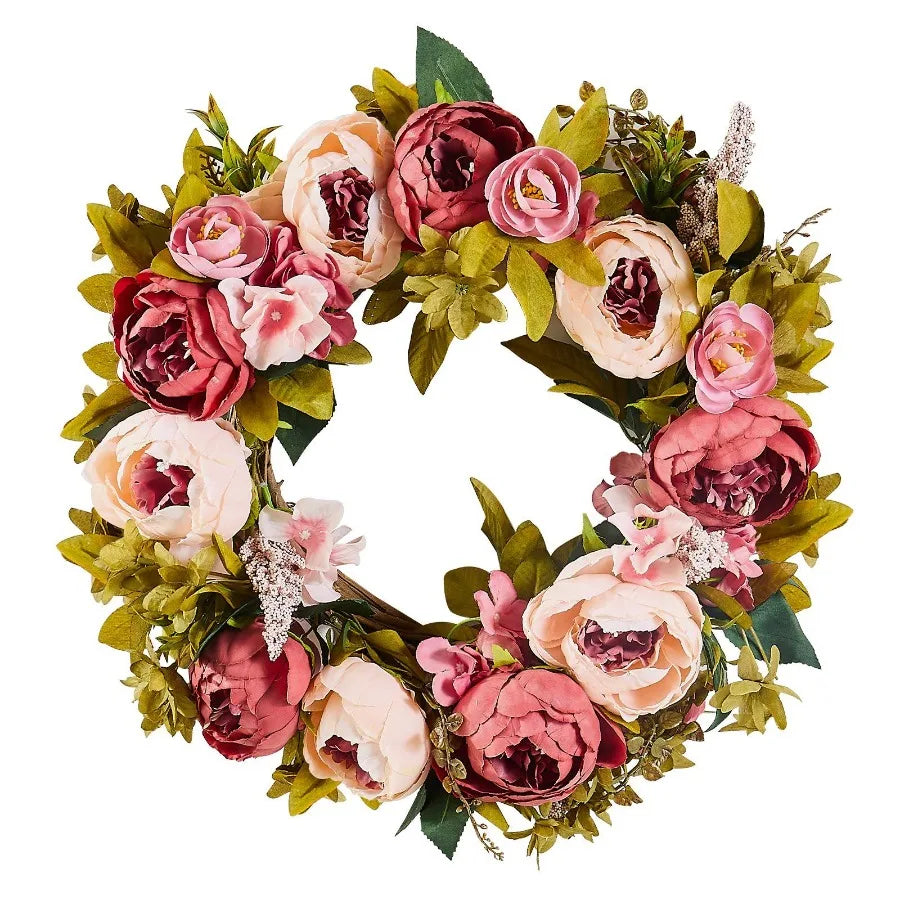Artificial Drative Wreath 19 in Pink Peonies Hydrangeas Year Round Wreath