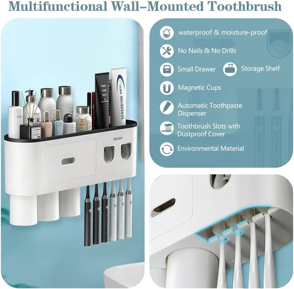 Dual Automatic Toothpaste Dispensers,   Eelectric Toothbrush Holder Wall-Mounted with Toothpaste Squeezer, Multifunctional
