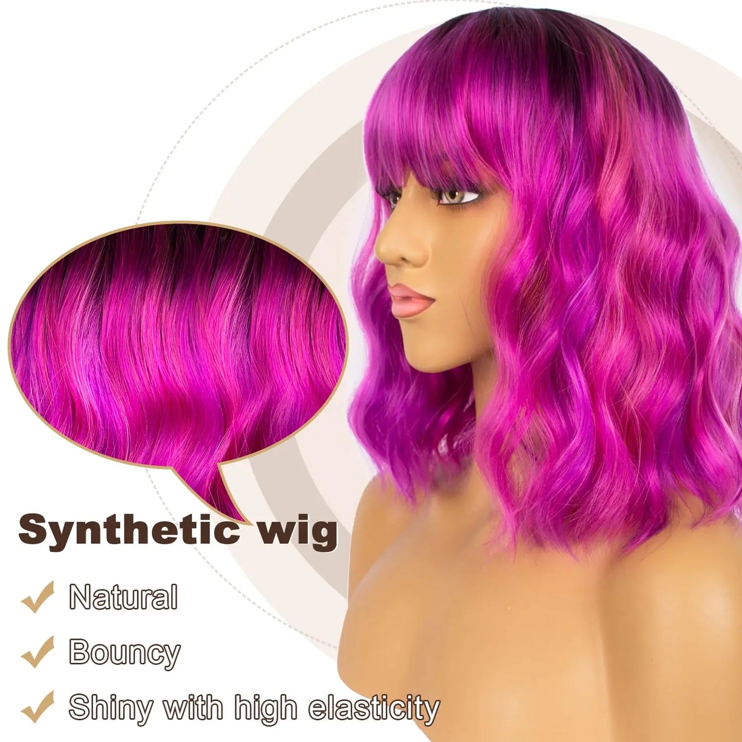 14 Inch Short Wavy Bob Wig with Bangs for Men and Women Synthetic Cosplay Halloween Christmas Wig