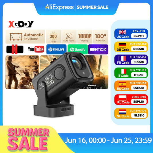XGODY 4K HD 300ANSI Projector Cinema Bluetooth WiFi 1080P Android Home Theater Smart Projector