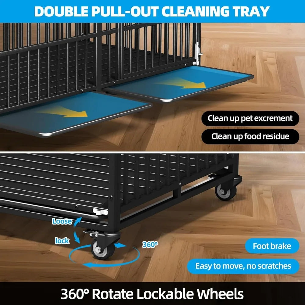 64" Heavy Duty Dog Crate Indestructible Dog Pet Kennel Cage for Extra Large Giant Breeds Double Doors Locakable Wheels High Anxi