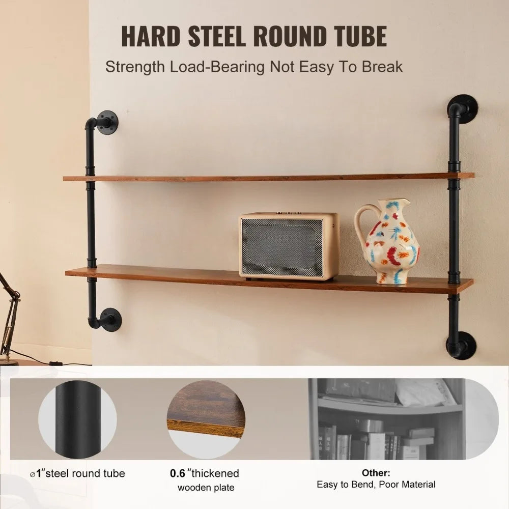 2 Tier Industrial Pipe Shelf 48x9.84 Inches Wall Mounted Storage Solution for Kitchen and Bedroom Organization