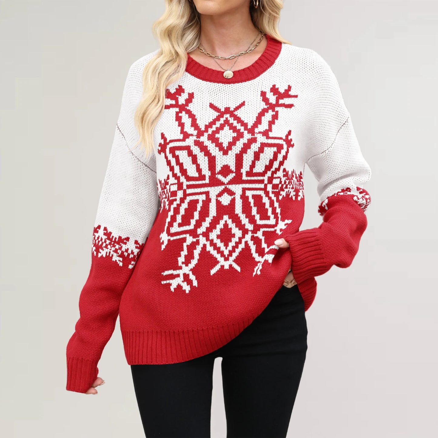 Women'S Fashionable Round Neck Long Sleeved Christmas Snowflake Sweater Casual Pullover Knitted Sweater Top Ropa De Mujer