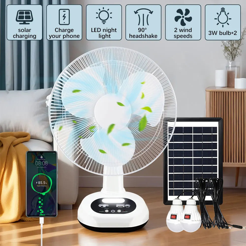 Solar Rechargeable Portable Cold Air Fan Outdoor Floor Table Desk Fan with LED Light and 2 Speed Remote Control for Bedroom