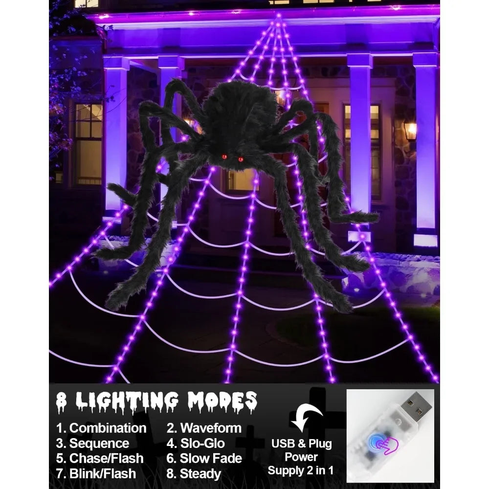 Halloween Decorative Light 48 Inch Giant Spider with Remote Control and Spider Web Outdoor Halloween Decoration