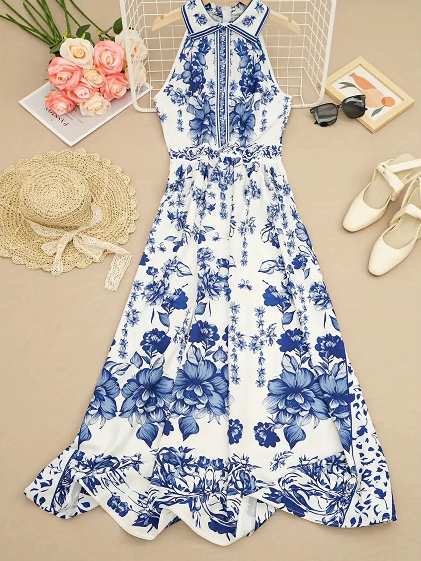2025 New Blue and White Floral Print Women's Long A-Line Dress, Open Chest Collar and Waist-Cinching Elegant Dress