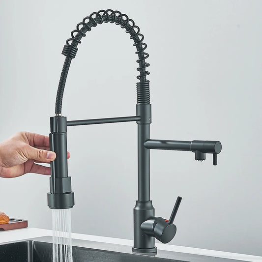 Pull Down Spring Kitchen Faucet Single Lever Hot Cold Mixer Water Dual Spout Nozzle Stainless Steel