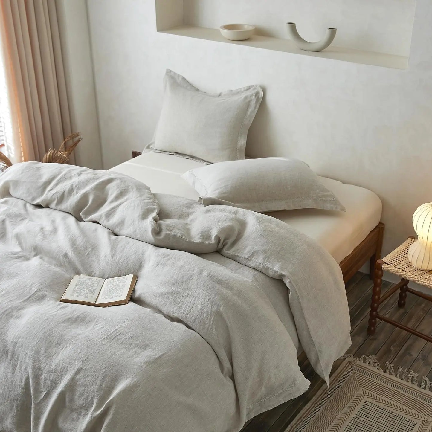 Simple Opulence 100 Percent Linen 3 Pieces Bedding Set with Crossed Embroidery Queen King Size Duvet Cover Bed Sheet Set Fitted Sheets