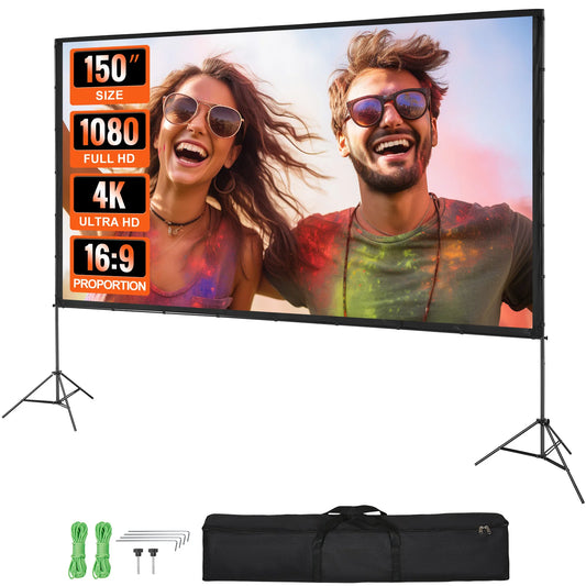 SucceBuy 150 Inch Portable Projector Screen with Stand 16:9 4K 1080 HD for Home Office Garden Movie Theater Cinema