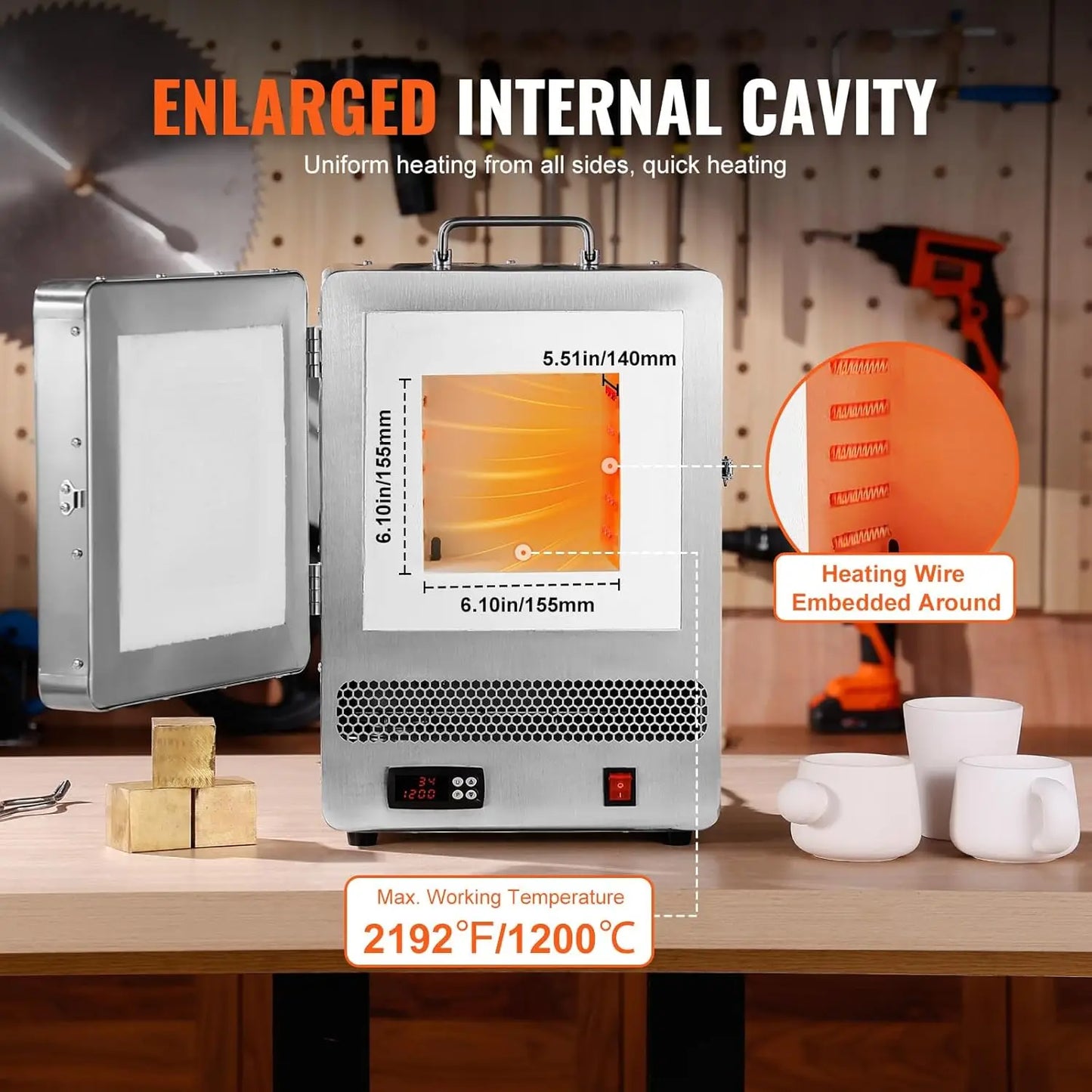 Electric Kiln, 1500W Melting Furnace Max Temperature 2192℉/1200℃, Stainless Steel, for Wax Casting