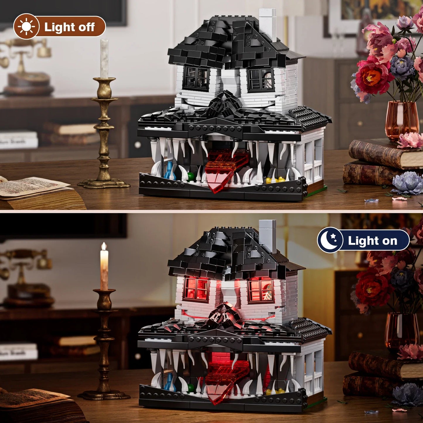 Haunted House Building Bricks Toys Monster Hut Model Blocks Halloween Home Decoration with LED Light for Boys and Girls Gifts