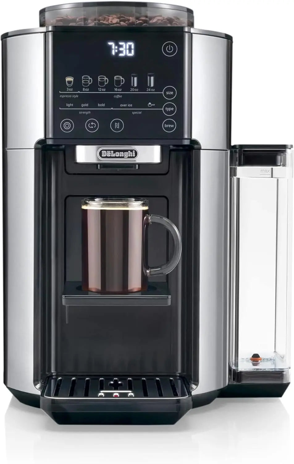 True Brew Drip Coffee Maker, Built in Grinder, Single Serve, 8 oz to 24 oz, Hot or Iced Coffee, Stainless, CAM51025MB