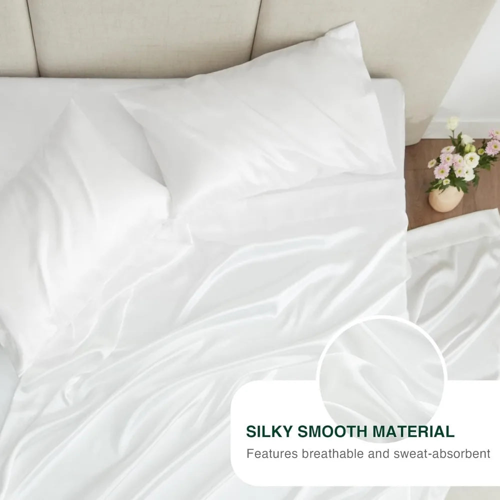 Satin Queen Sheets Set 4 Piece White Silky Bed Sheets with Deep Pocket Luxury Silk Feel Satin Queen Size Sheet Set