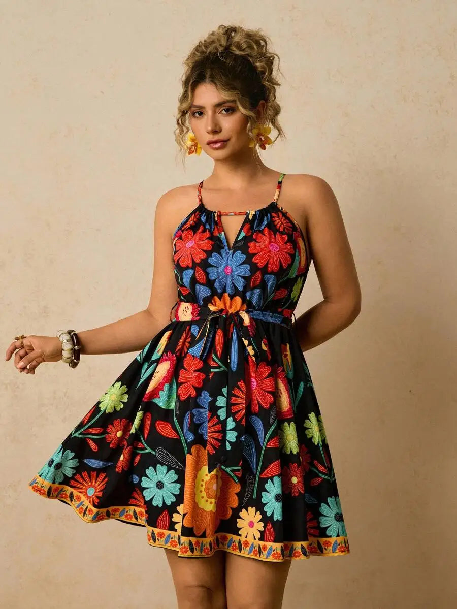 Plus Size Tropical Print Halter Neck Sundress with Front Cutout and Tie Waist, Beach Holiday Boho Dress