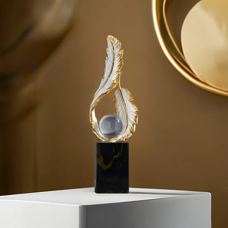 Elegant Resin Feather Orb Sculpture Decorative Sphere Design on Marble Base for Home Decor Office Desk Accessory