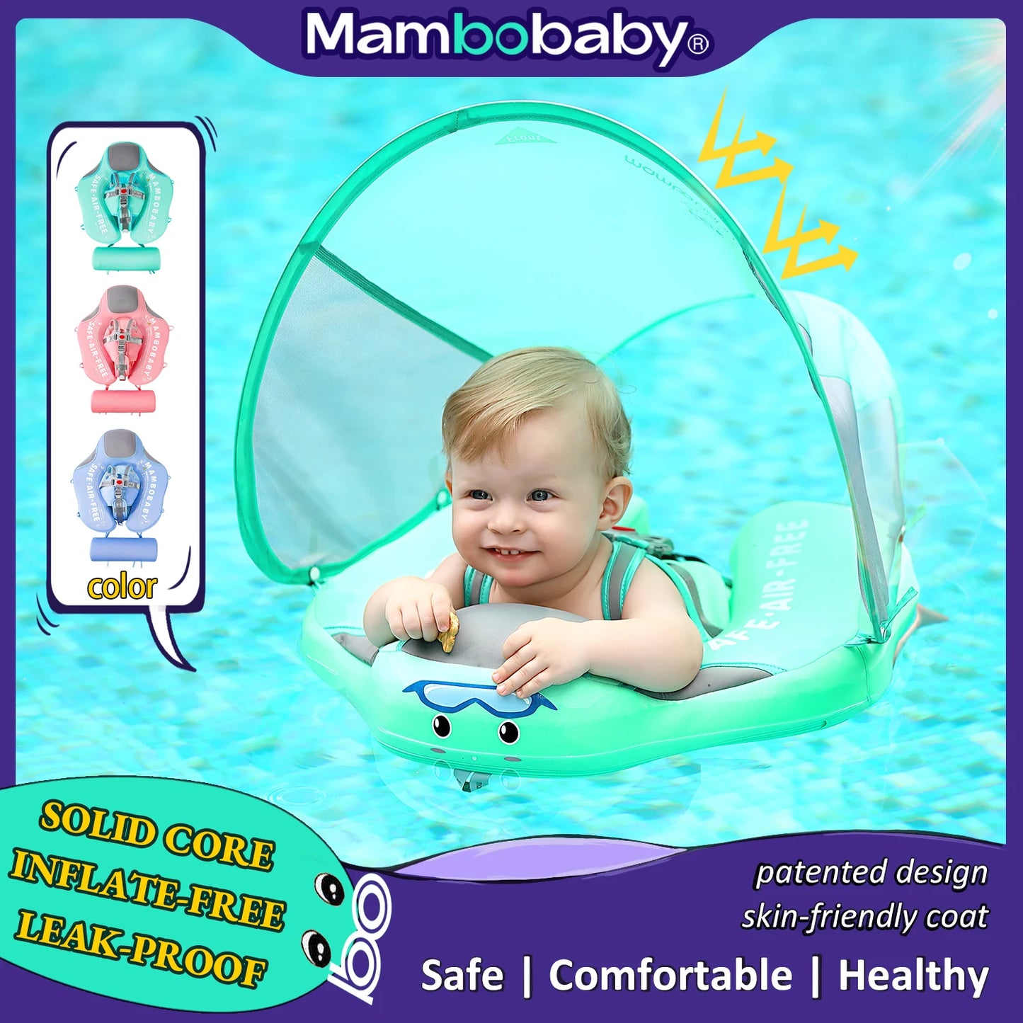 Mambobaby Baby Float with Sunshade Canopy and Crotch Strap Inflatable Free Safe Core Swimming Pool Accessory