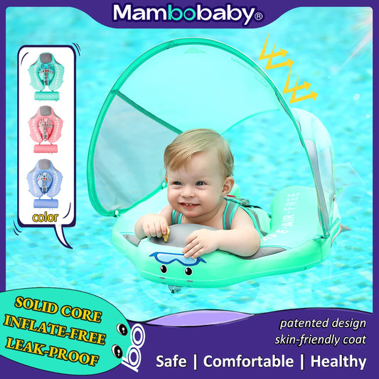 Mambobaby Baby Float with Sunshade Canopy and Crotch Strap Inflatable Free Safe Core Swimming Pool Accessory