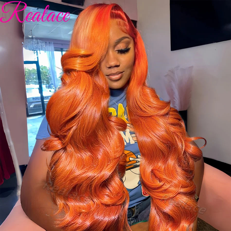 36inch Ginger Orange Lace Front Wigs Human Hair Pre Plucked 200% Density Body Wave 13x4 13x6 Hd Transparent Lace Frontal Wigs