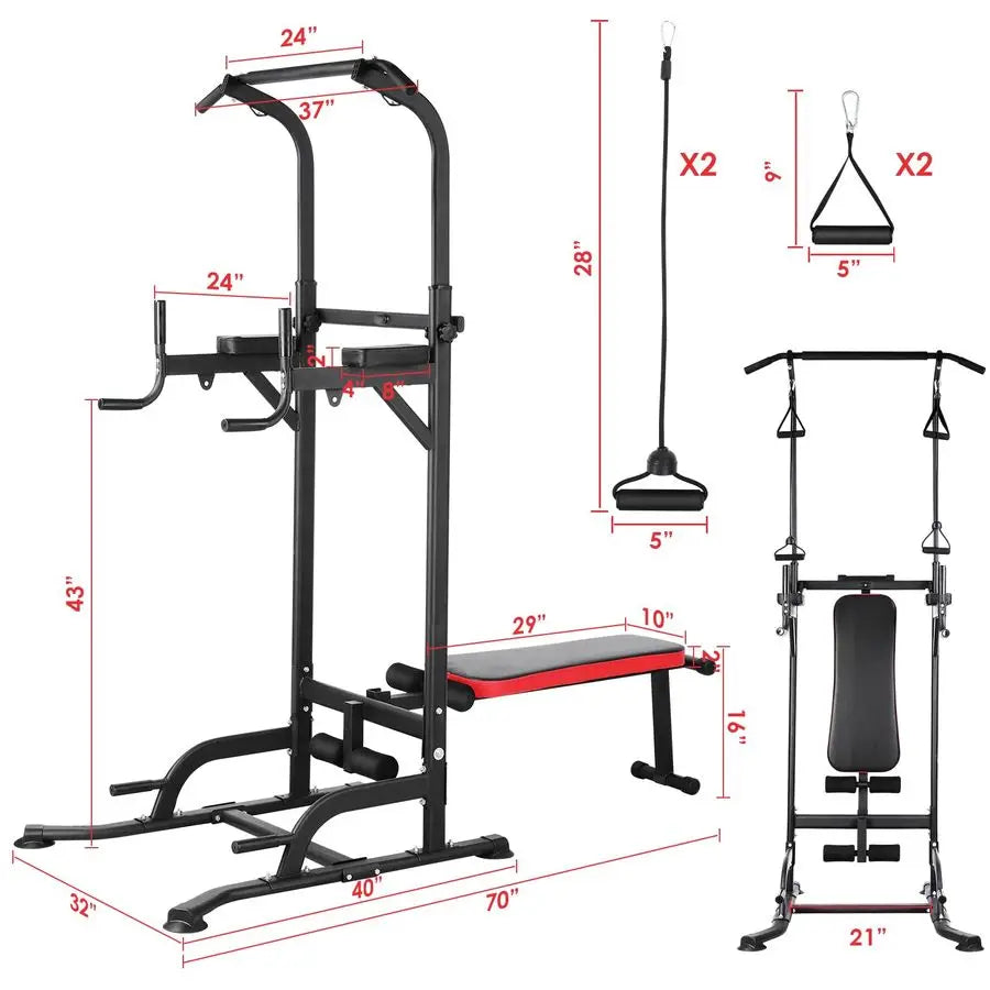 Power Tower with Bench, Pull Up Bar Stand, Dip Bar w Folding Bench 4 Ropes Strength Training, MultiFunction Fitness Customizable