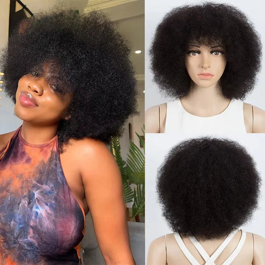 Afro Curly Wigs Fluffy Human Hair Wigs For Women Machine Made Afro Puff Wigs High Quality Brazilian Hair For Party Costume And Halloween