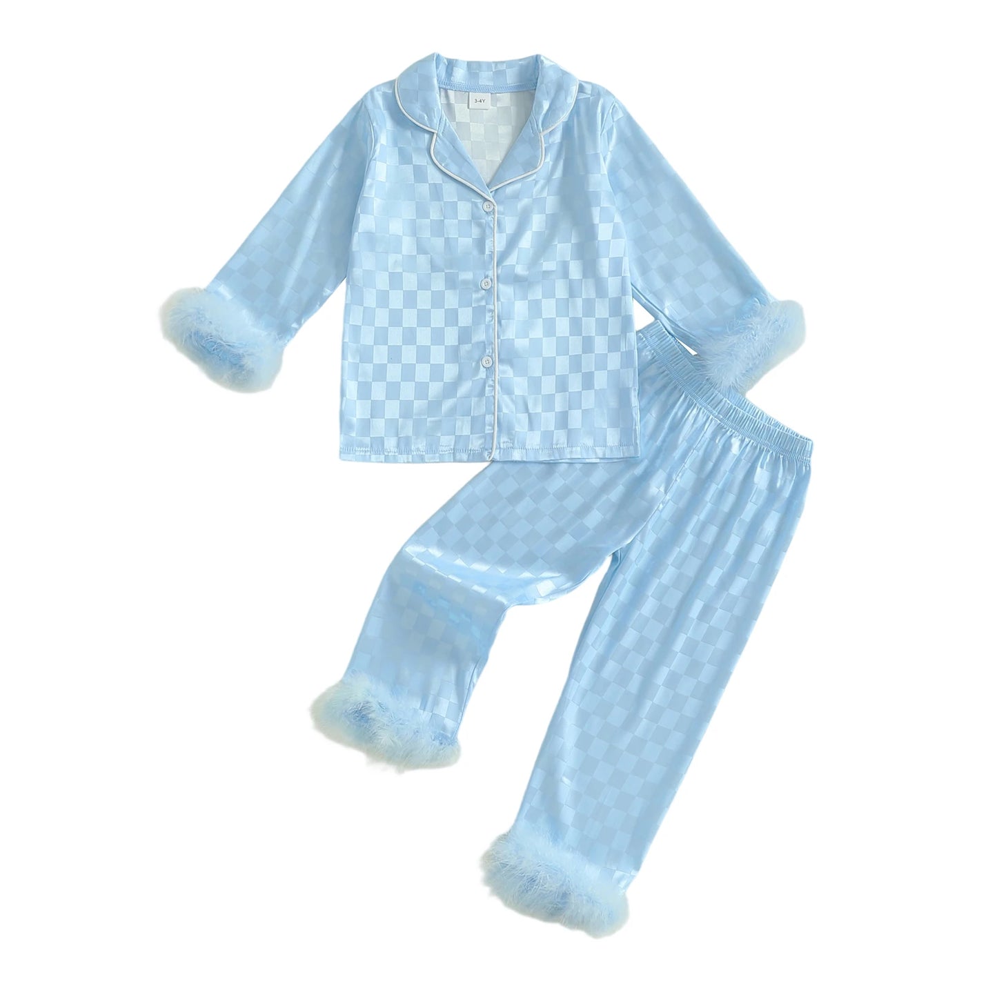 Adorable Infant Girls Checkered Pajama Outfits Stylishly Adorned with Faux Fur Lapel V-Neck Long Sleeve Blouses and Trousers