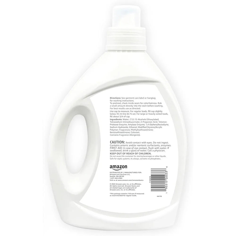 Concentrated Laundry Detergent Liquid Fresh Scent 82.5 Fl Oz Large Capacity 110 Loads Safe All Machines Phosphate Free