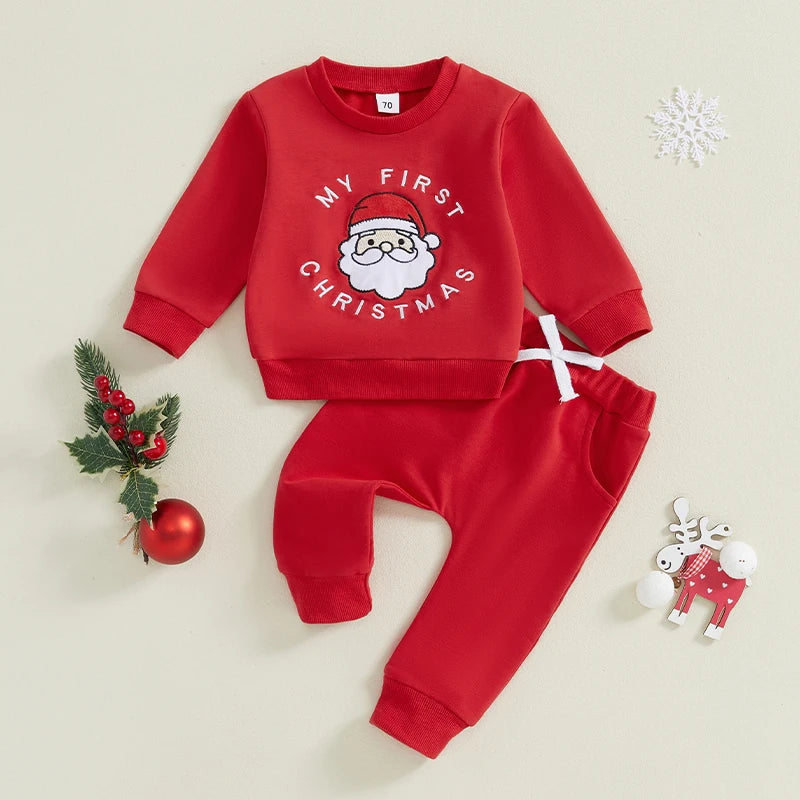 Toddler Girl Boy Christmas Outfits Santa Claus Letter Embroidery Long Sleeve Sweatshirt with Solid Pants Set