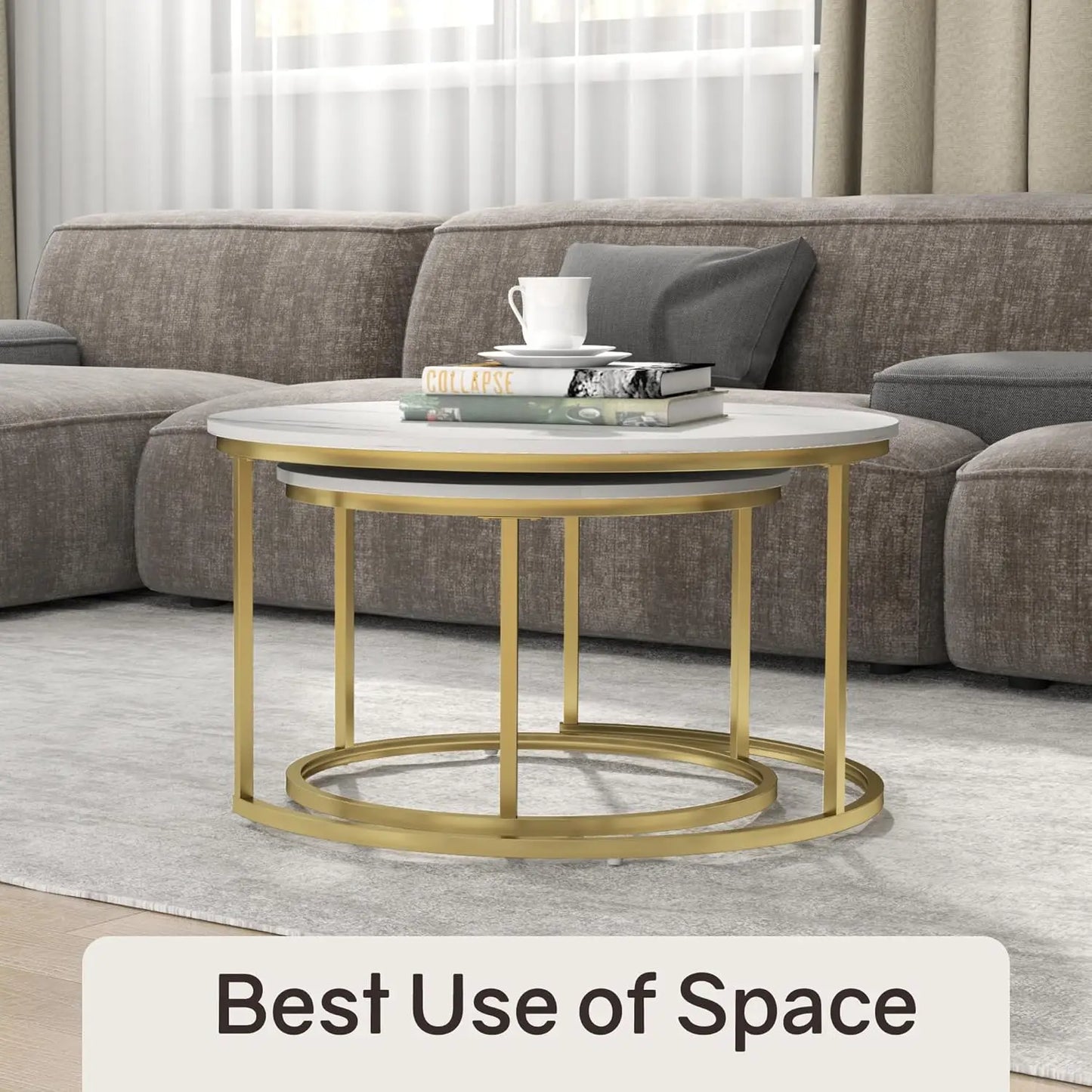 [New Arrival!]Nesting Tables Set of 2, 31.5" Round Coffee Table, Small Nesting Coffee Table with Adjustable Non-Slip Fee, White